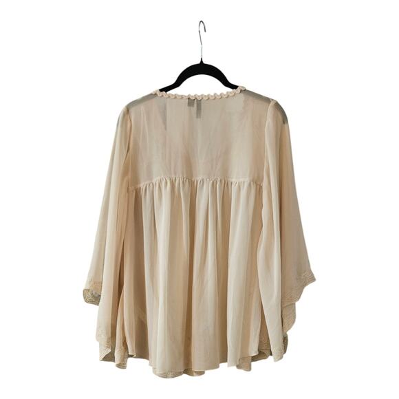 Relativity Womens Blouse LG Tan Embroidered Scallop Cape Sleeves BOHO Peasant - Picture 2 of 9